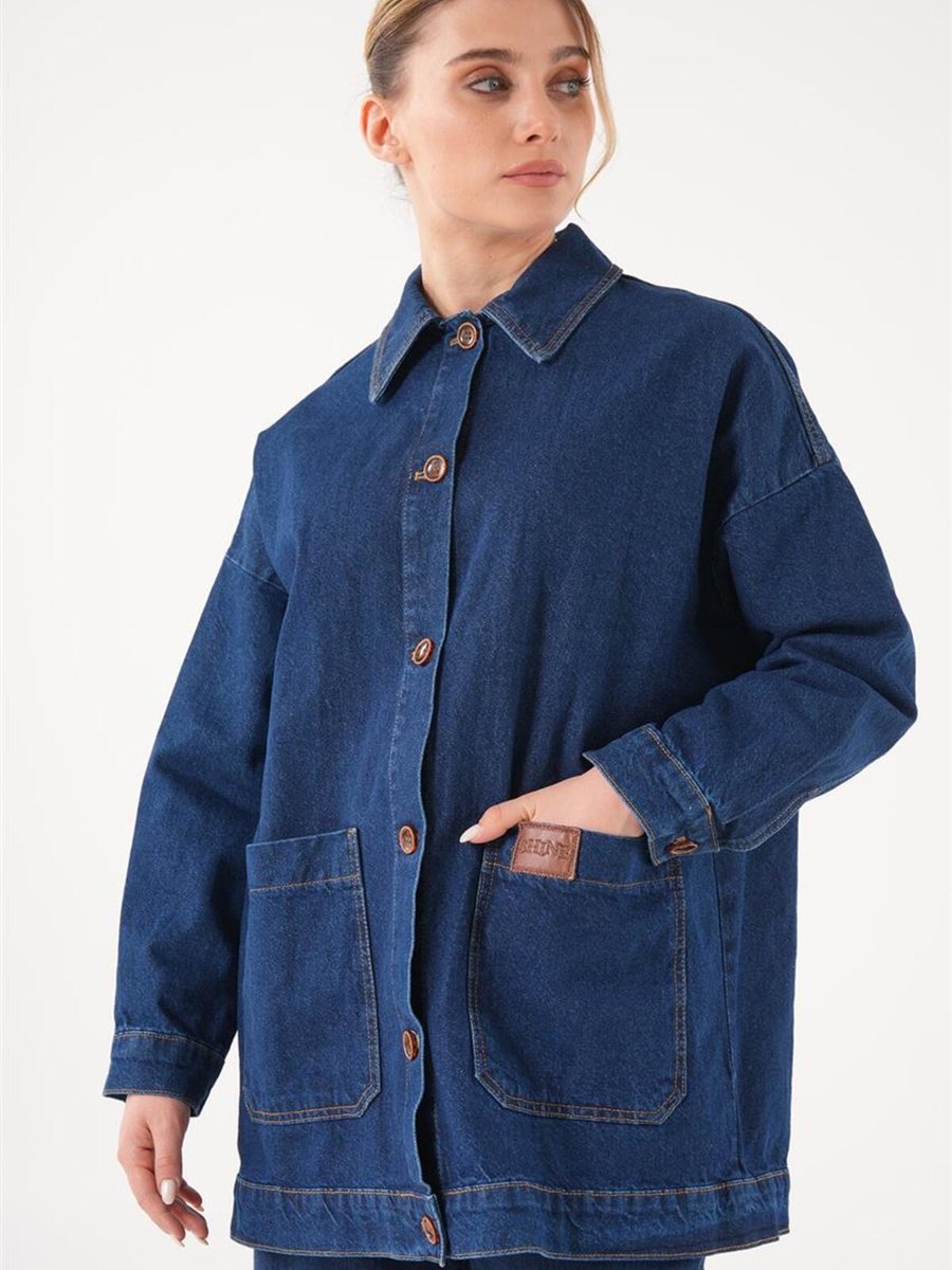 İkoll Oversize Deri Etiketli Koyu Mavi Denim Ceket