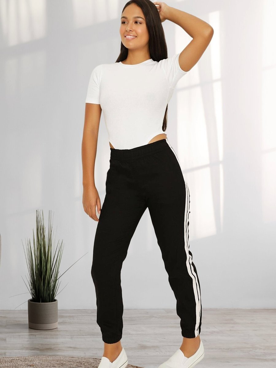 Select Moda Siyah Kontrast Şerit Detaylı Jogger Pantolon
