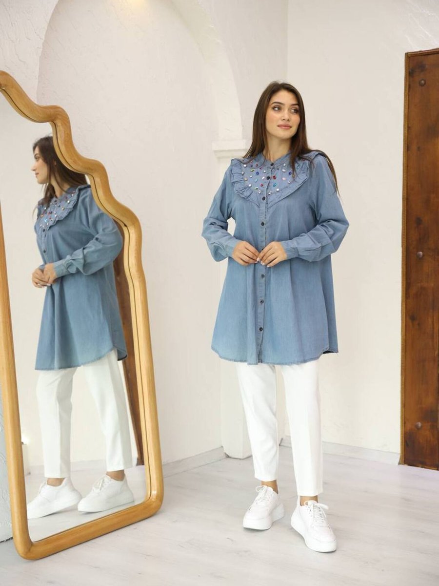 Camelya Fashion Taş Detaylı Kot Gömlek Tunik