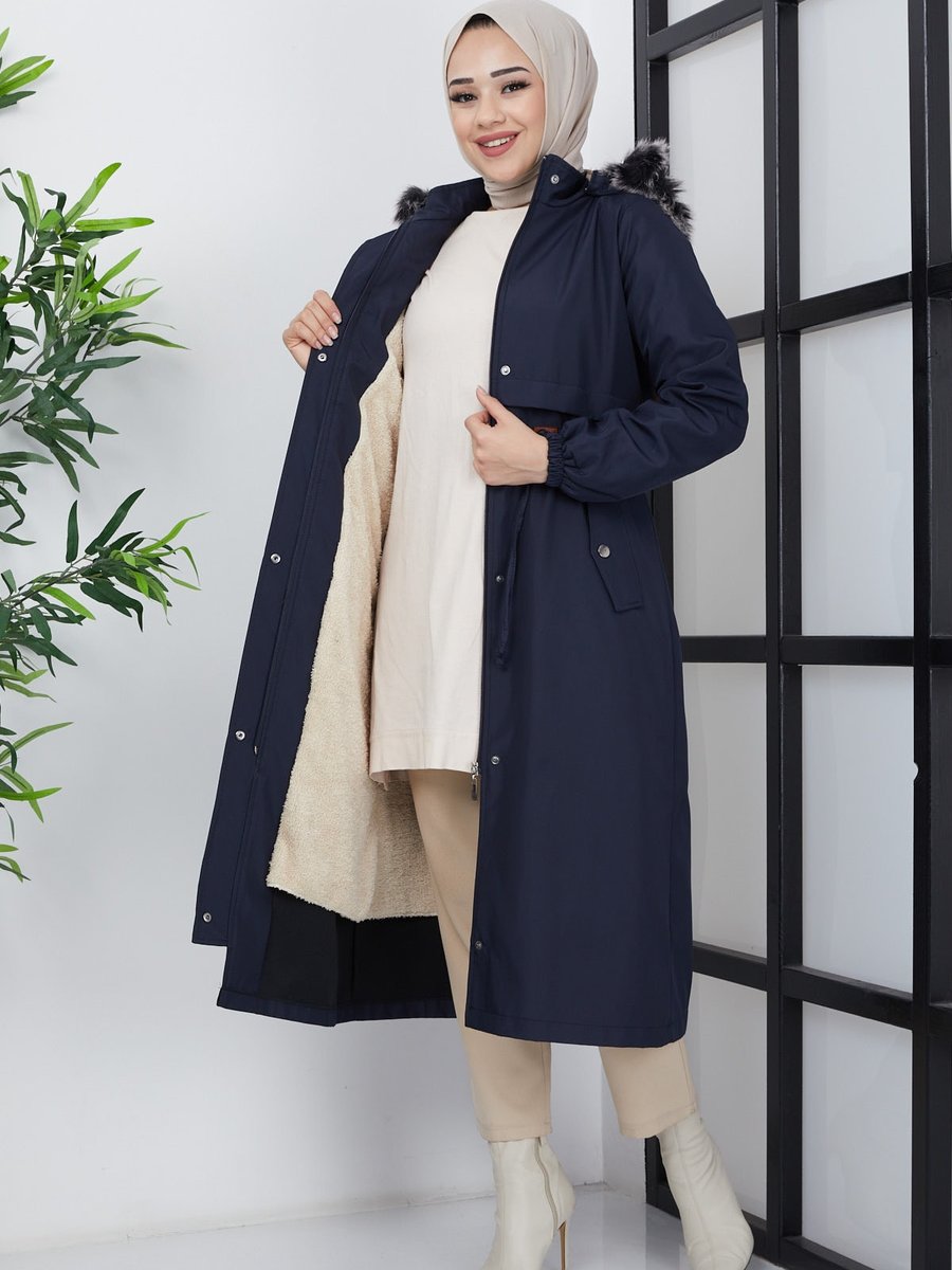 İmajbutik Lacivert Modest Kapüşonlu Içi Kürklü Büzgülü Bondik Mont
