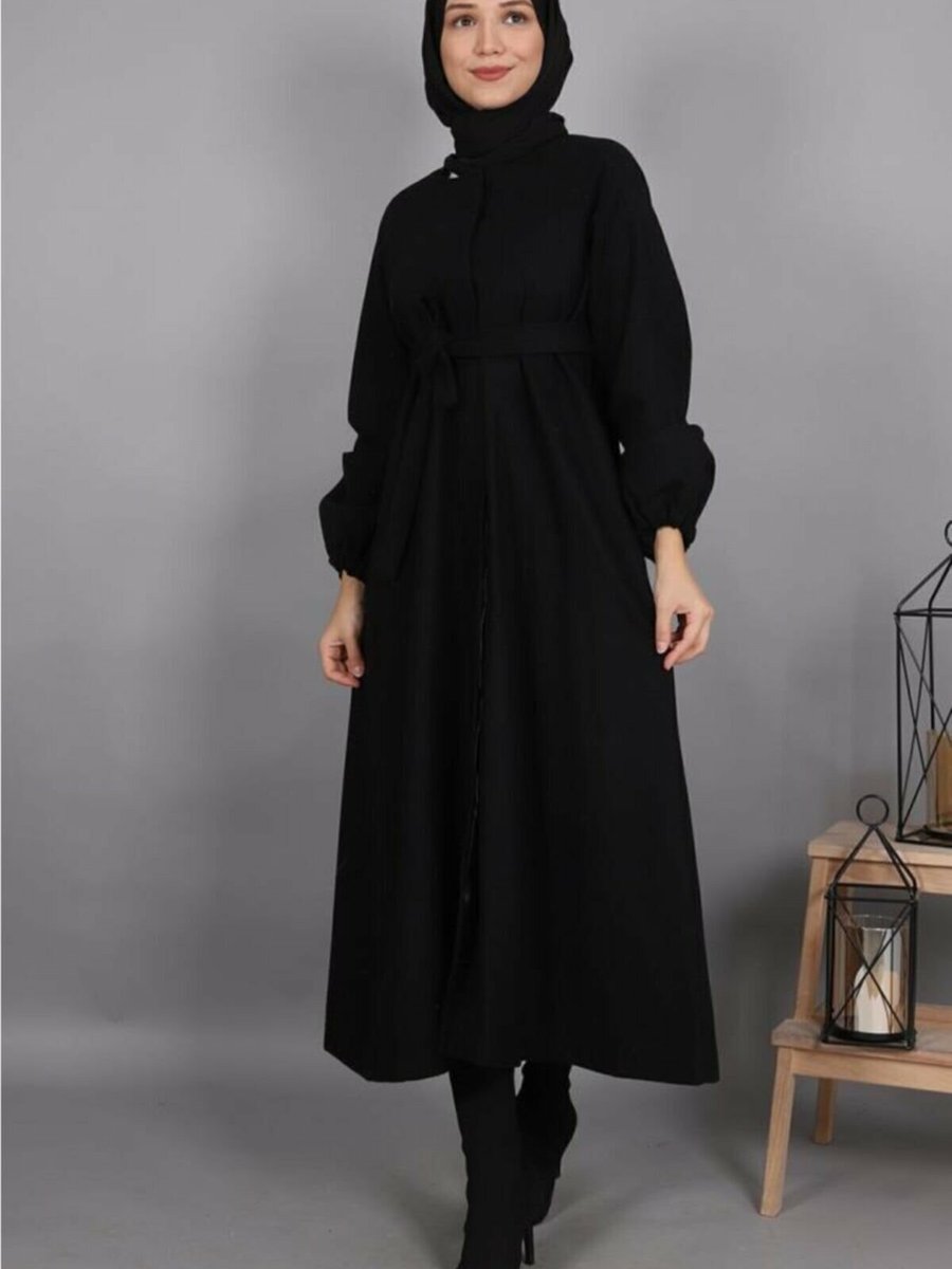 Tesetturcemoda Kuşaklı Gizli Düğme Detaylı Kaban