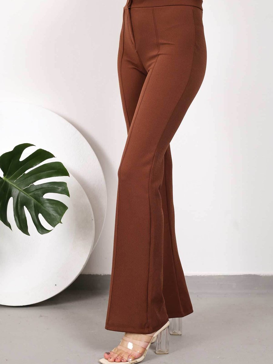 İmajbutik Kahverengi Çimalı Ispanyol Paça Likralı Pantolon İmajbutik Kahverengi Çimalı Ispanyol Paça Likralı Pantolon