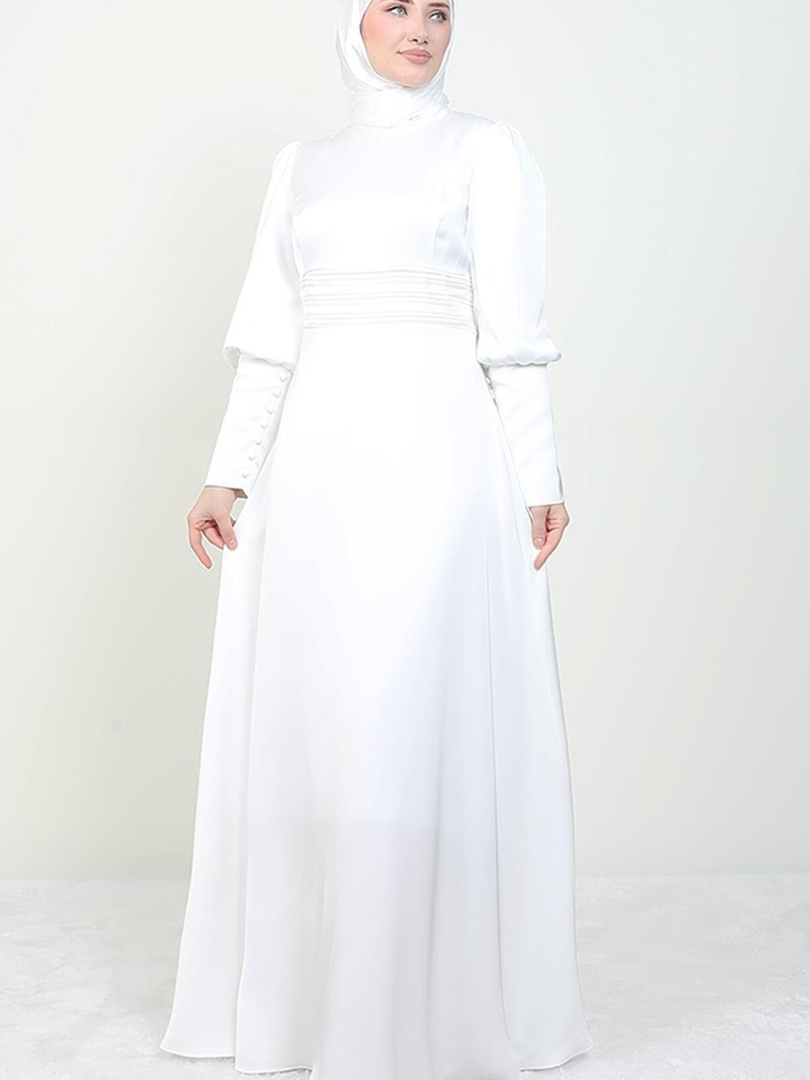 Giza Giyim Kolu Manşetli Düğmeli Abiye Elbise Beyaz