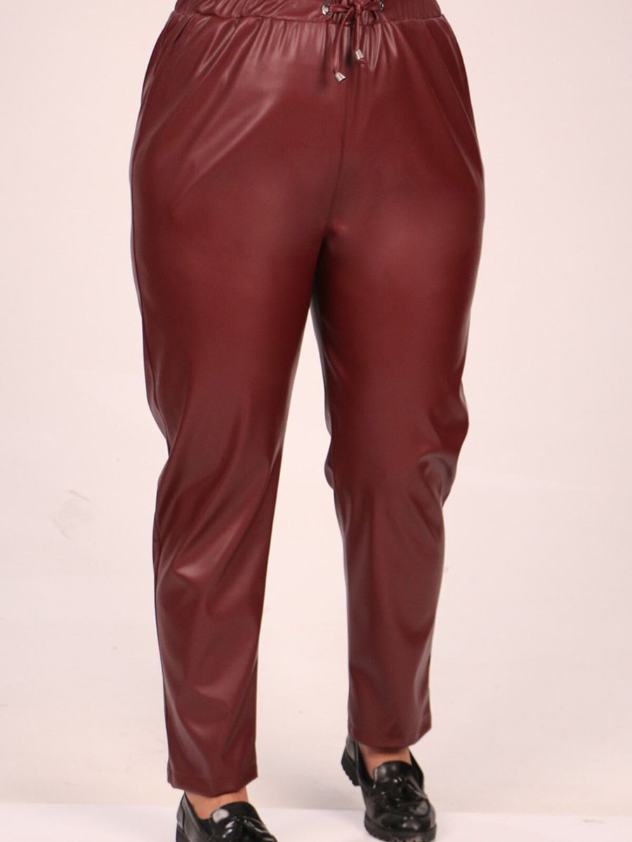 Moda Rosa Bordo Büyük Beden Beli Lastikli Deri Pantolon