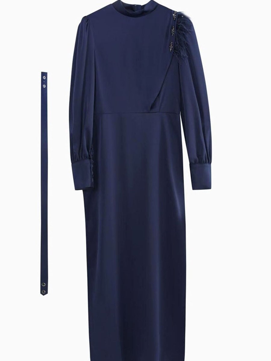 Puane Lacivert Tüy Ve Taş Detaylı Drapeli Abiye Elbise
