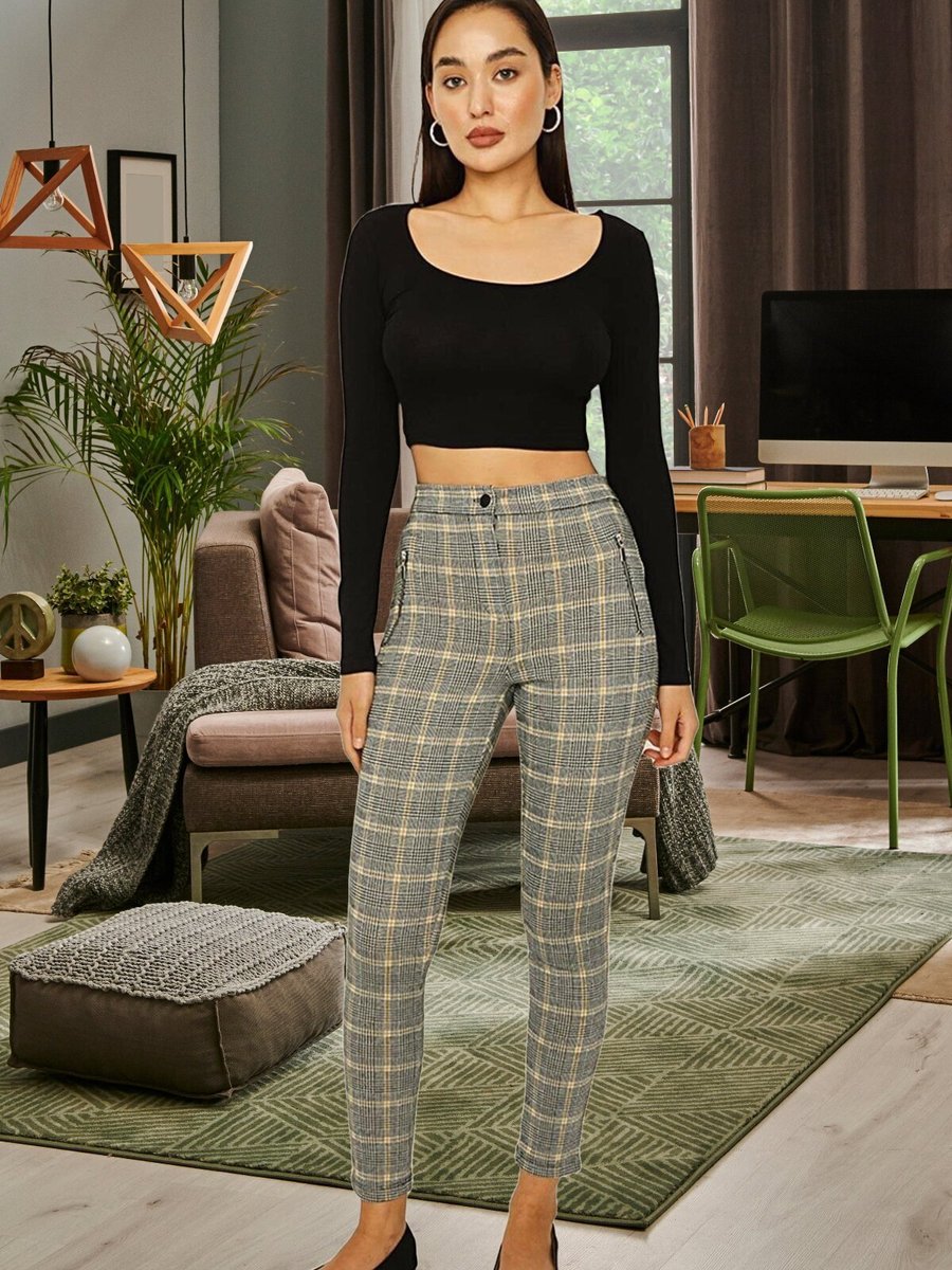 Select Moda Krem Desenli Cep Detaylı Tayt Pantolon