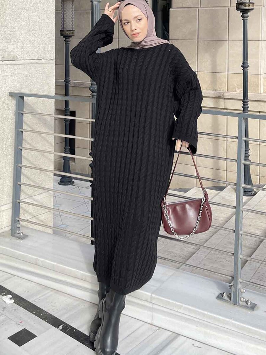 Lamelif Saç Örgü Uzun Triko Elbise