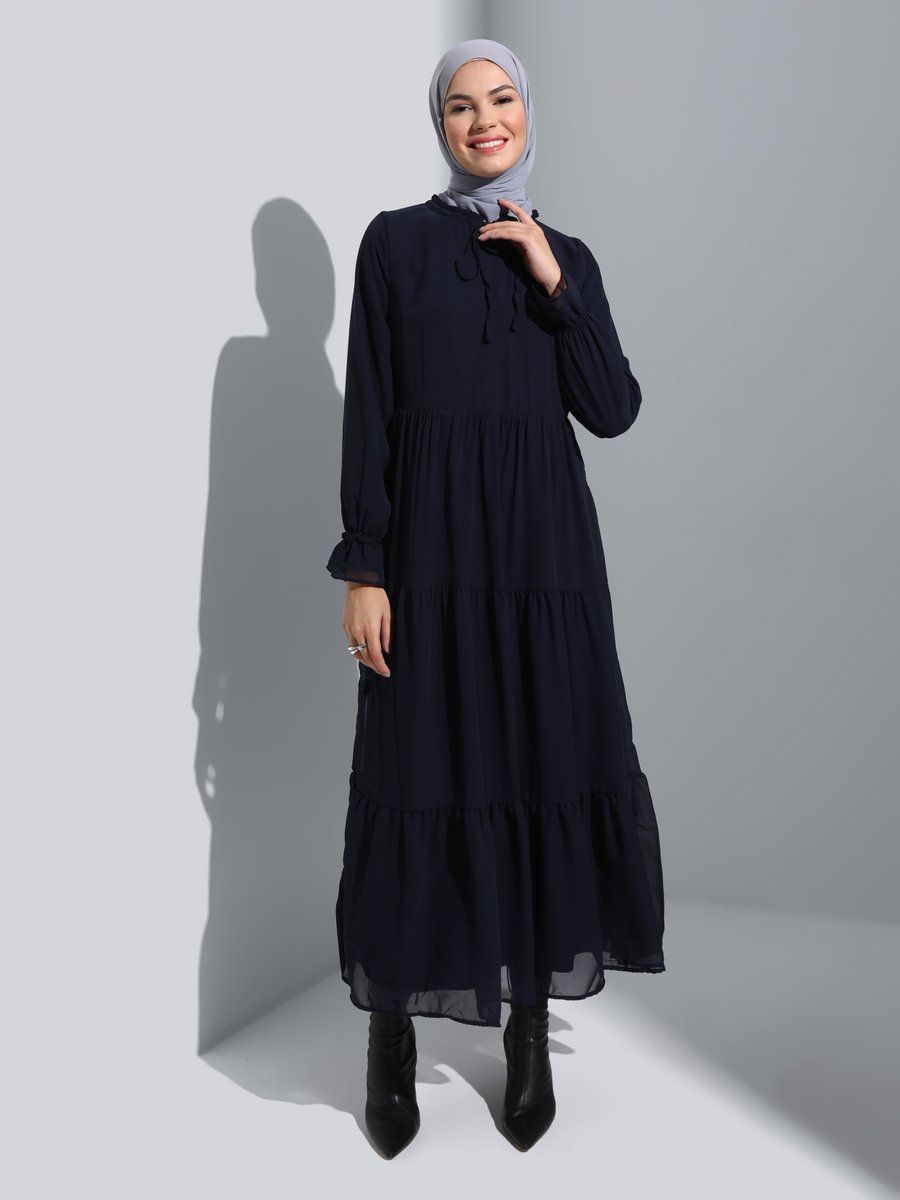 Refka Lacivert Yakası Bağlamalı Şifon Rahat Kesim Elbise