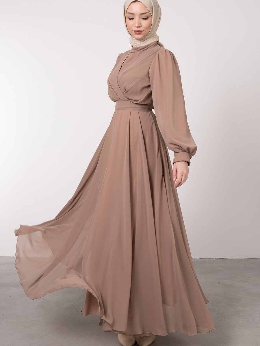 Lamia Giyim V Çapraz Pileli Kuşaklı Şifon Abiye Elbise Vizon