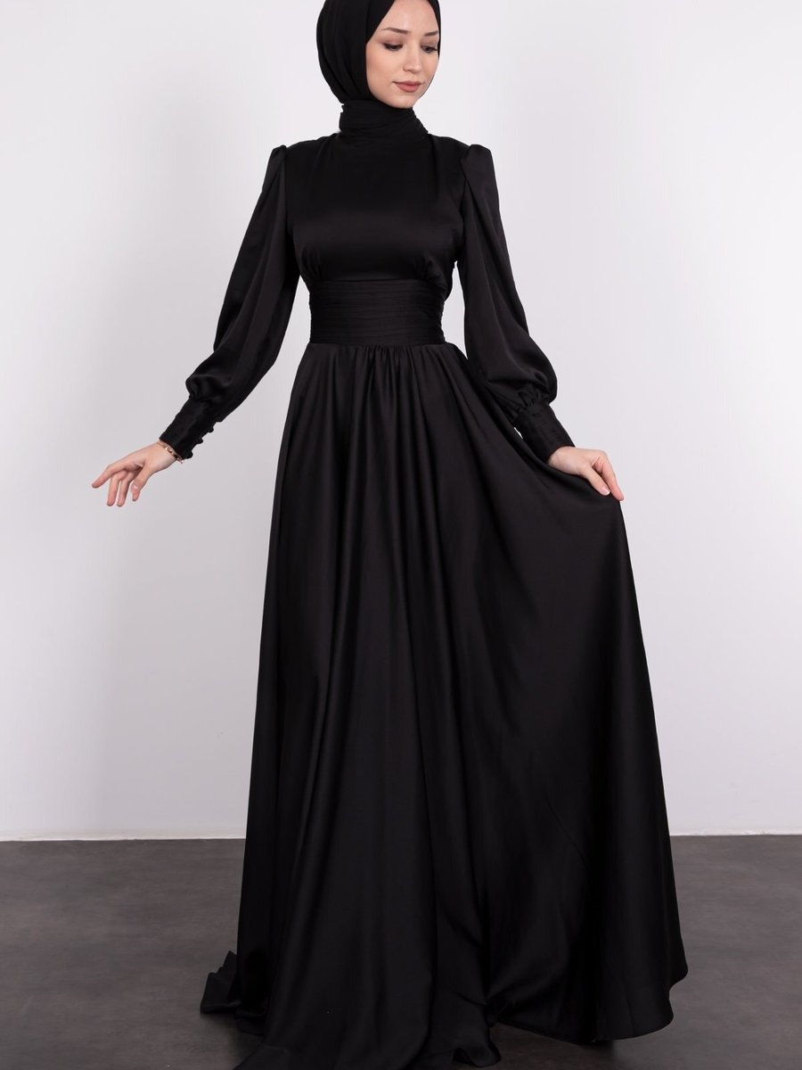 Lamia Giyim Bel Ve Kol Detaylı Saten Abiye Elbise Siyah