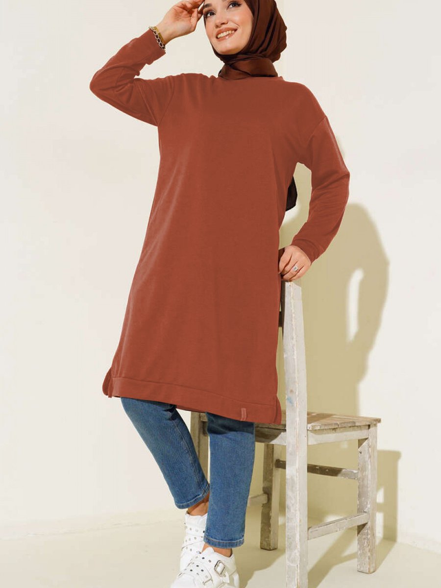 Benguen Yanları Yırtmaçlı Basic Uzun Tunik Kiremit