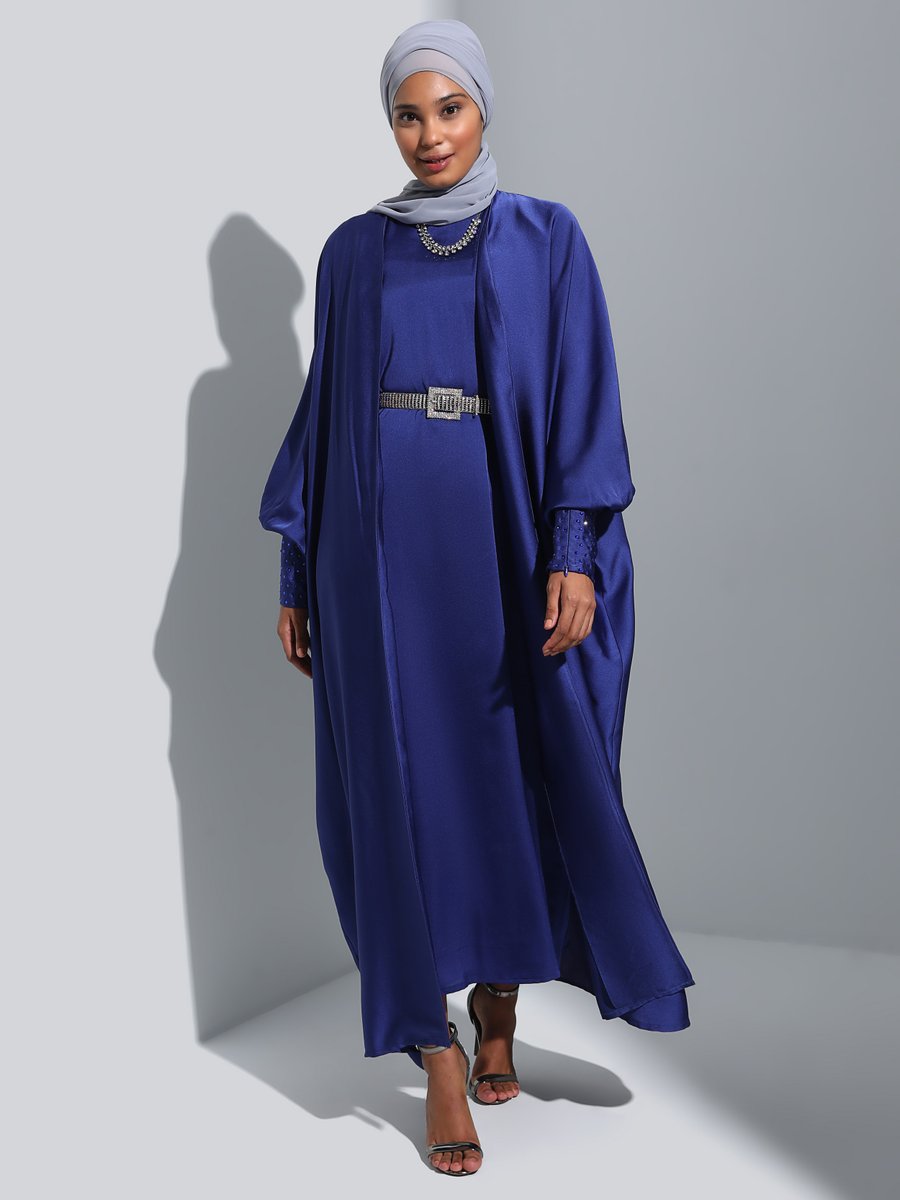 Refka Lacivert Kolları Taş Detaylı Saten Elbise & Ferace İkili Abiye Takım