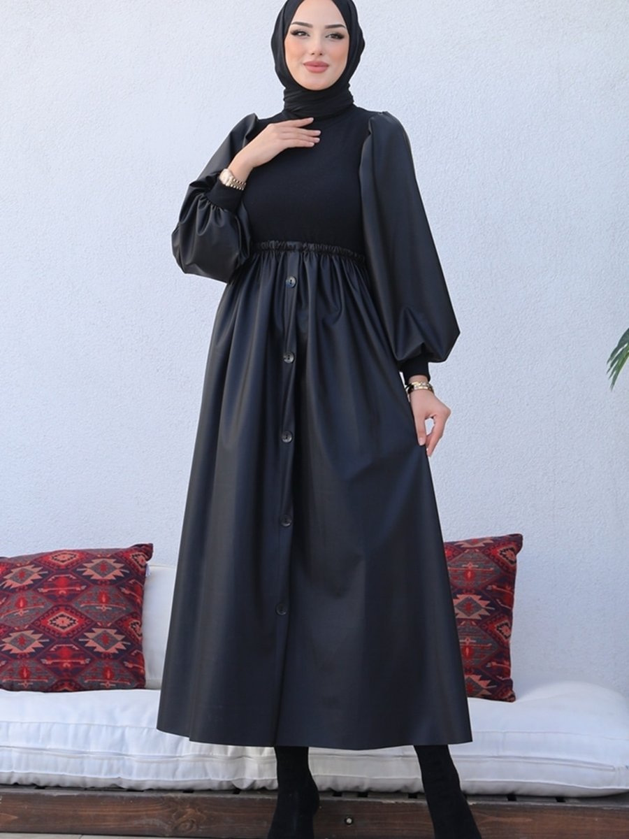Bestenur Binay Beli Lastikli Düğme Detay Deri Elbise Siyah