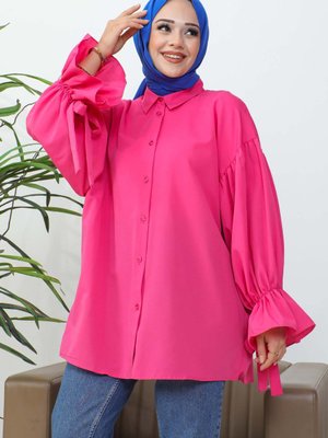 İmajbutik Fuşya Balon Kol Detaylı Terikoton Gömlek