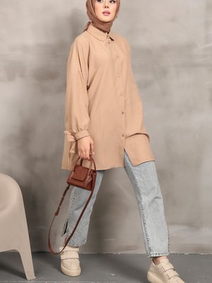 İmajbutik Bisküvi Kol Bağlamalı Kendinden Desenli Gömlek