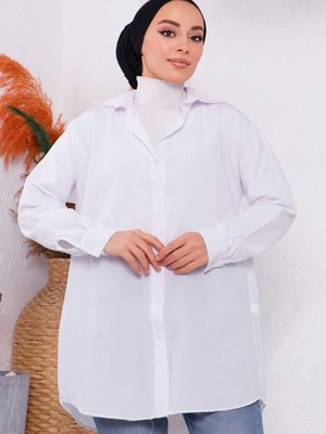 İmajbutik Beyaz Düz Terikoton Salaş Gömlek