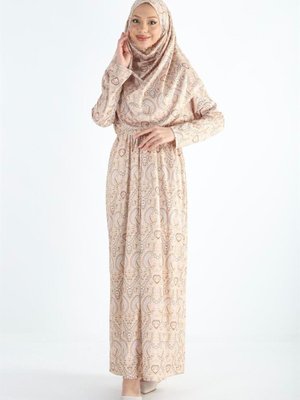 Plistre Parça Başörtülü Büzgülü Desenli Namaz Elbise