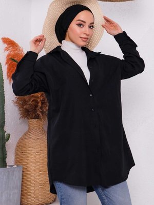 İmajbutik Siyah Düz Terikoton Salaş Gömlek
