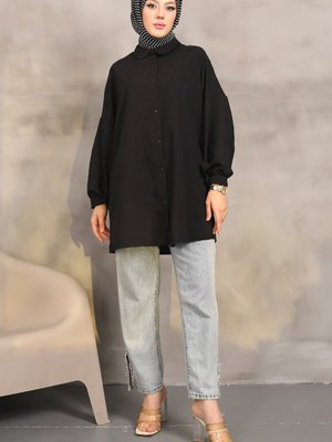 İmajbutik Siyah Kol Bağlamalı Kendinden Desenli Gömlek