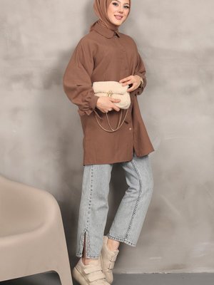 İmajbutik Kahverengi Kol Bağlamalı Kendinden Desenli Gömlek