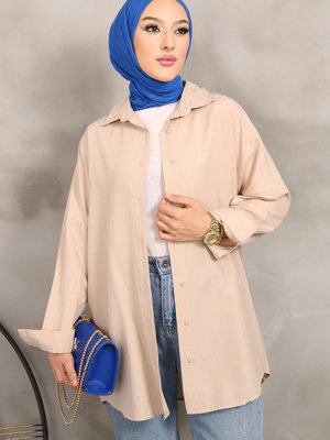 İmajbutik Bej Düz Terikoton Salaş Gömlek