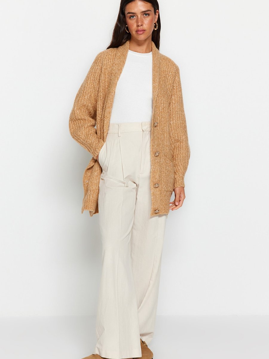 Trendyol Modest Camel Cepli Düğme Detaylı Selanik Örgü Pamuklu Triko Hırka