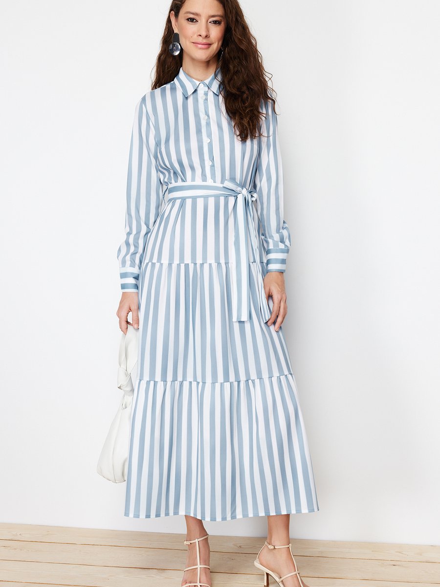 Trendyol Modest Mavi Astarsız Çizgili Dokuma