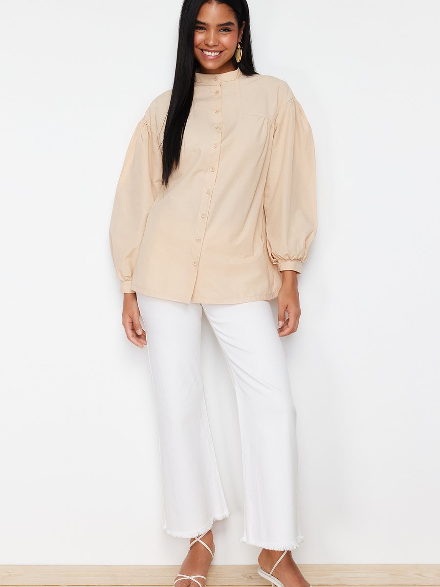Trendyol Modest Taş Büzgü Detaylı Pamuklu Basic Dokuma Gömlek