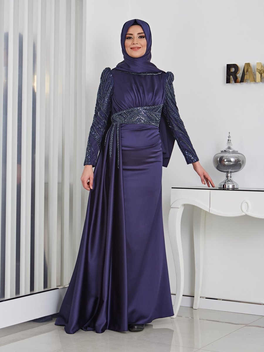 Rana Zenn Sırma Abiye Elbise Lacivert