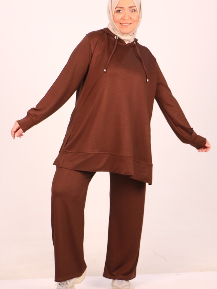 Moda Rosa Kahverengi Büyük Beden Kapüşonlu İki İplik Pantolonlu Takım