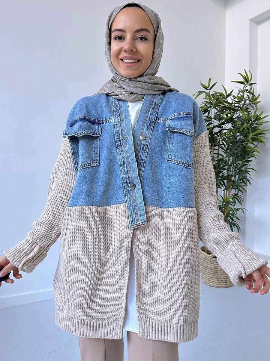 Ka Hijab Jean Detaylı Oversize Hırka Mavi/bej