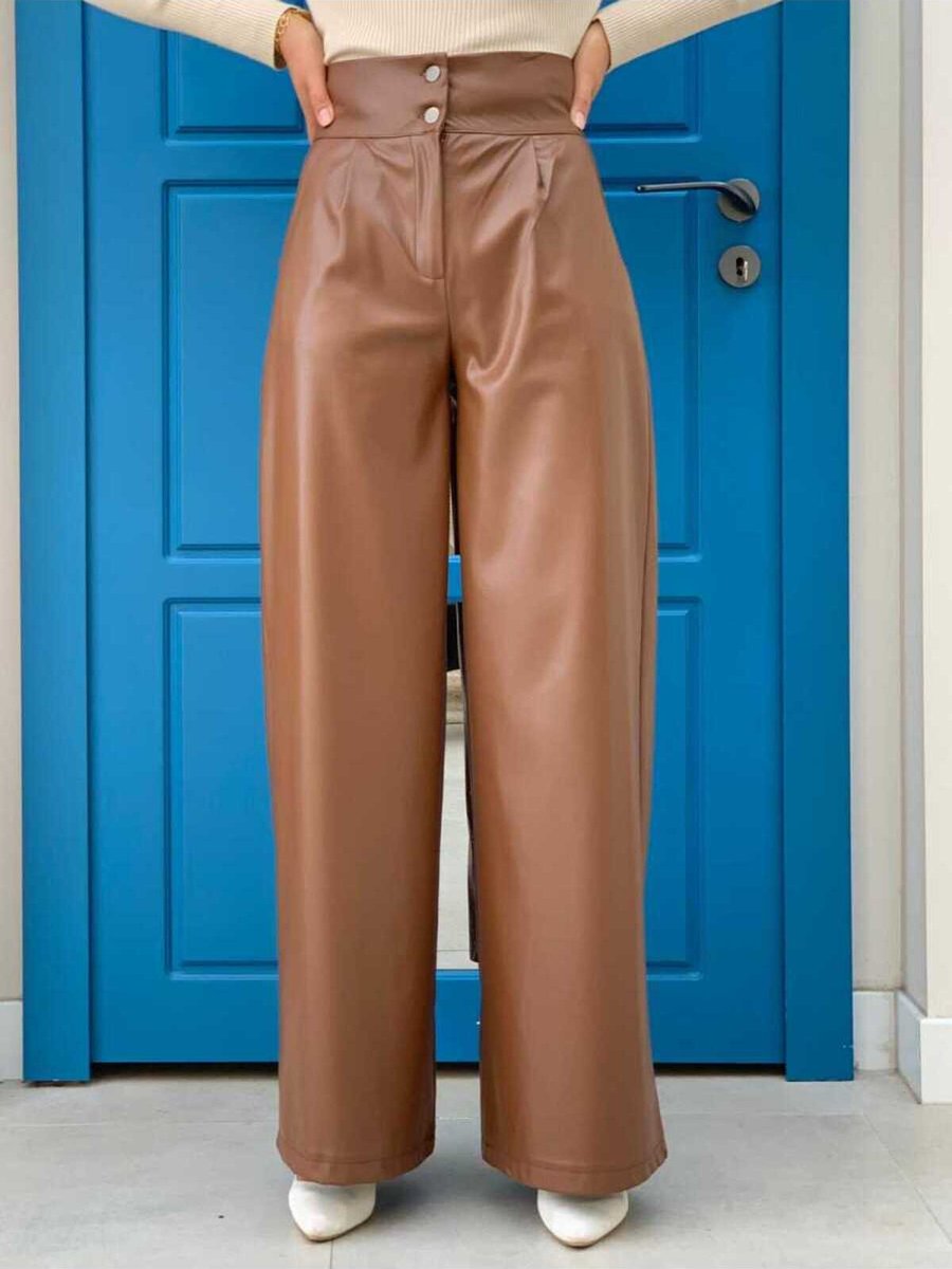 Bym Fashion Fermuarlı Düğme Detaylı Deri Cepli Pantolon Taba