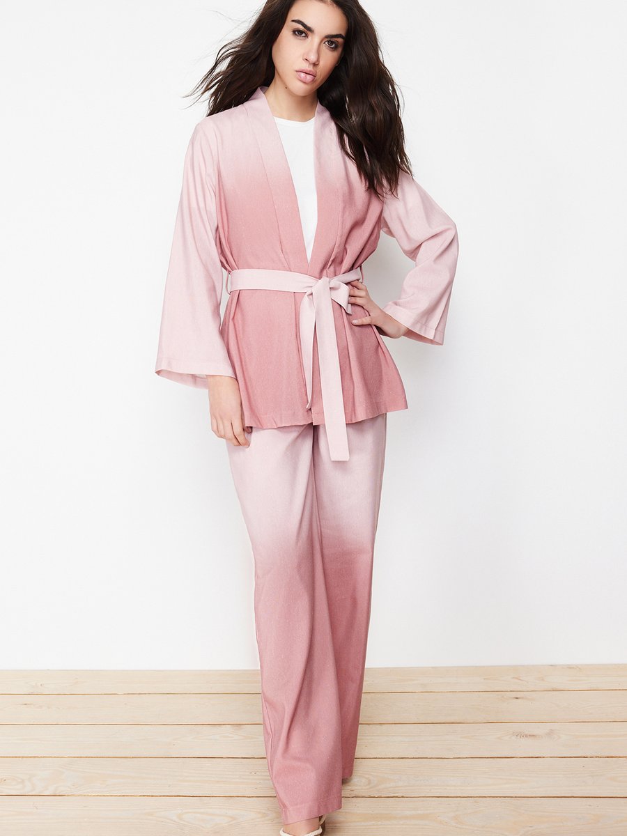 Trendyol Modest Mor Keten Görünümlü Dokuma Kimono Pantolon Alt Üst Takım