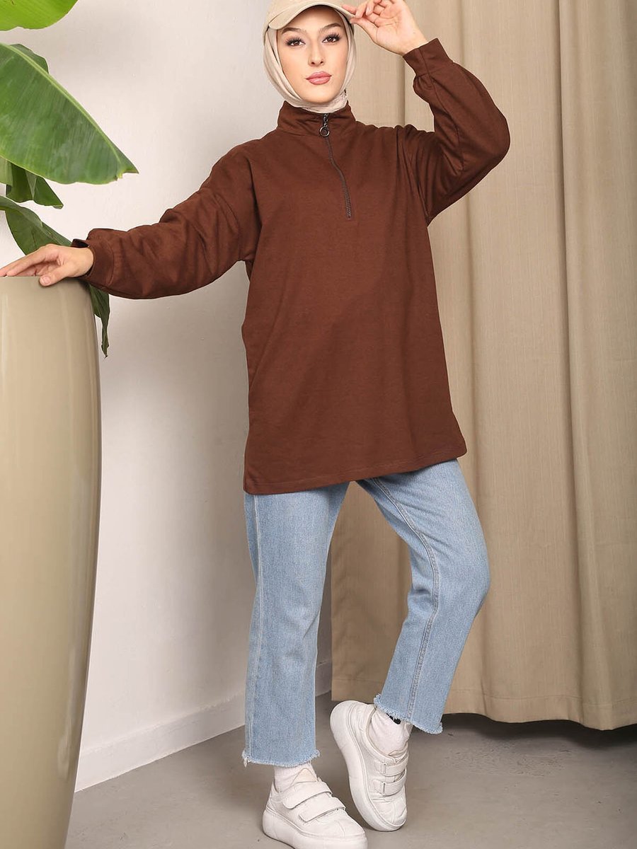İmajbutik Kahverengi Yaka Fermuarlı İki İplik Sweatshirt