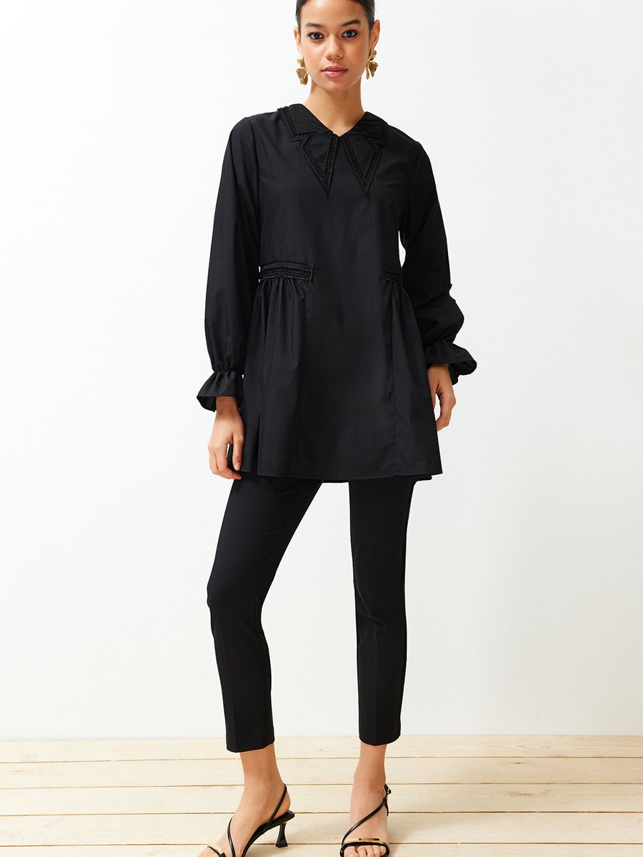 Trendyol Modest Siyah Yaka Detaylı Pamuklu Dokuma Tunik