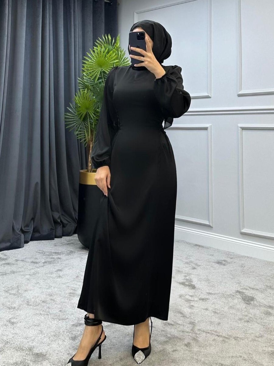 Mervenakyuz Elenor Belden Bağlamalı Saten Elbise Siyah
