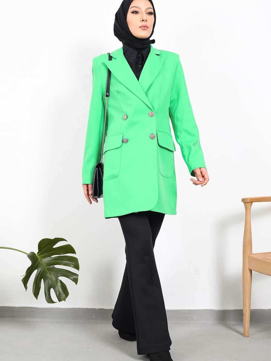 İmajbutik Açık Yeşil Kruvaze Yaka Astarlı Blazer Ceket