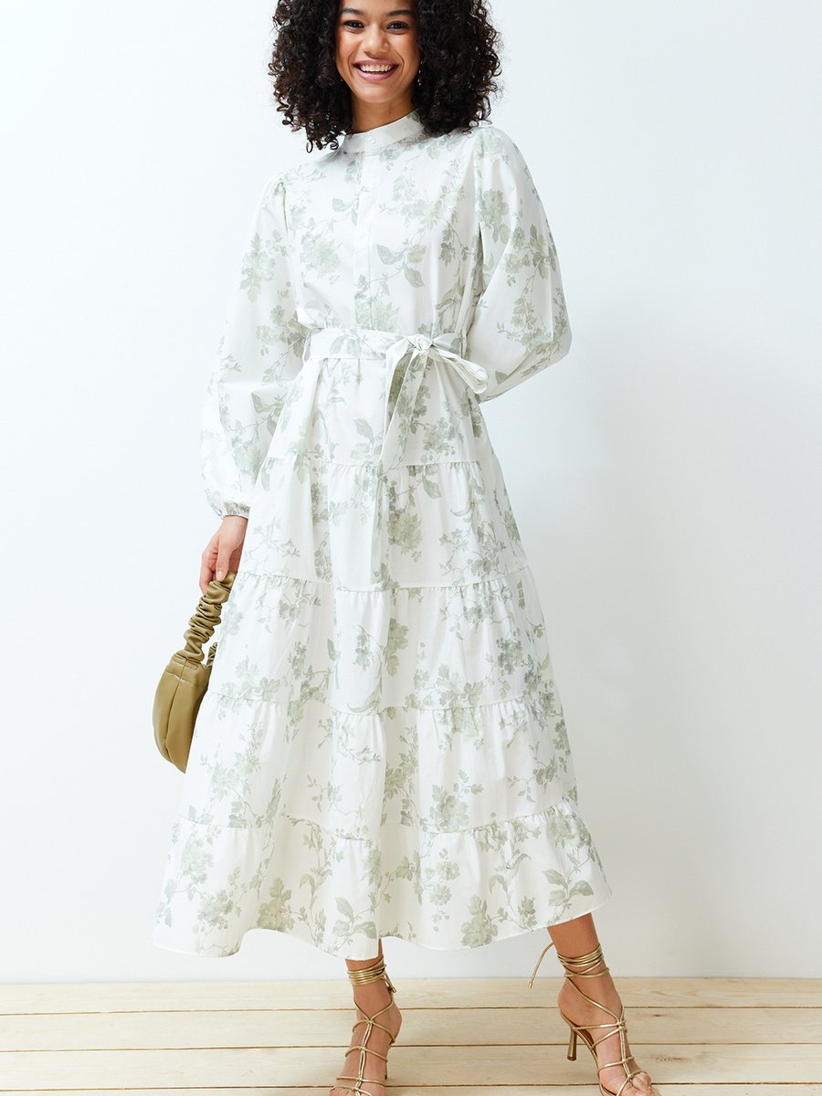 Trendyol Modest Ekru Astarsız Çiçekli Dokuma