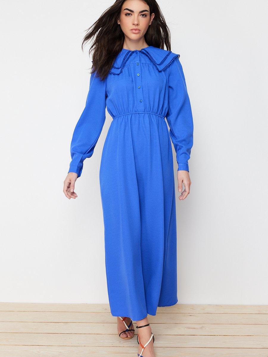 Trendyol Modest Mavi Bebe Yakalı Keten Görünümlü Dokuma Elbise