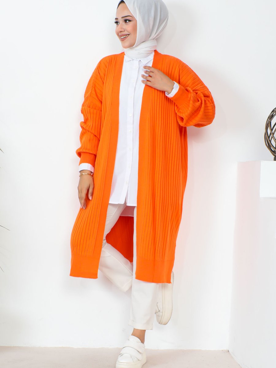 İmajbutik Orange Modest Fitilli Yırtmaçlı Uzun Triko Hırka