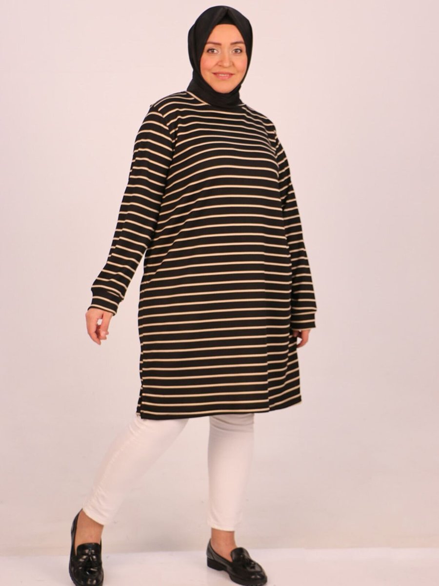 Moda Rosa Siyah Çizgili Büyük Beden Basic Tunik