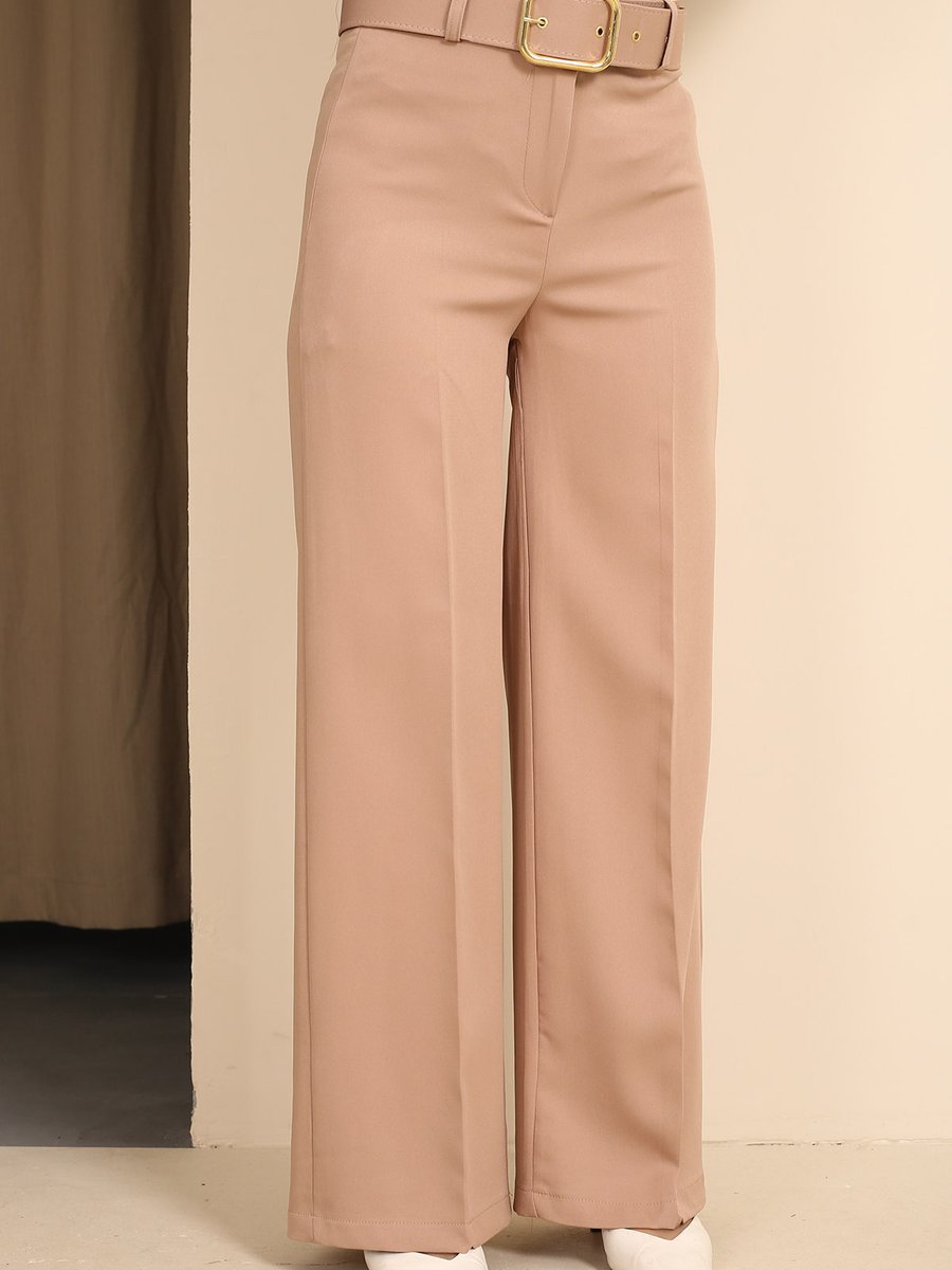 İmajbutik Vizon Bol Paça Kemerli Kumaş Pantolon İmajbutik Vizon Bol Paça Kemerli Kumaş Pantolon