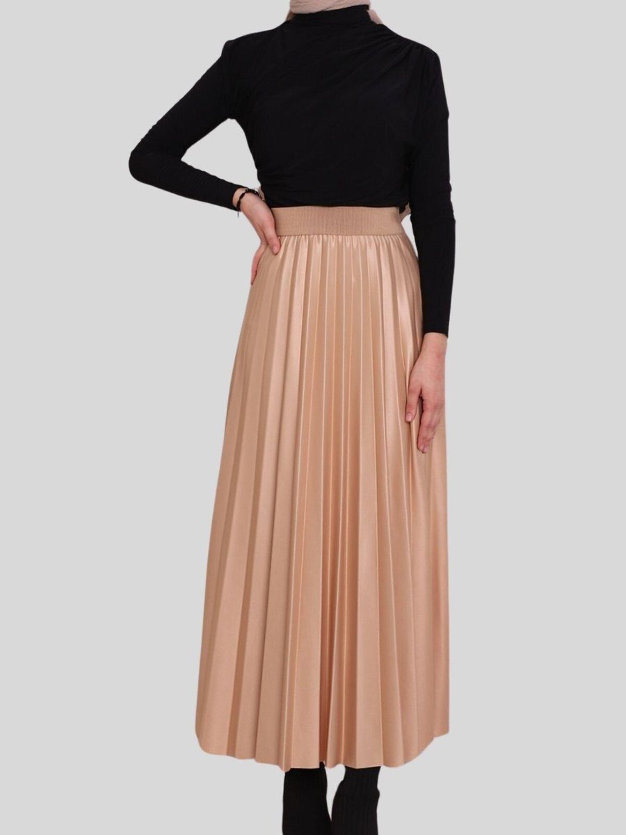 Butik Buruç Bej Haki Piliseli Belden Lastikli Uzun Etek