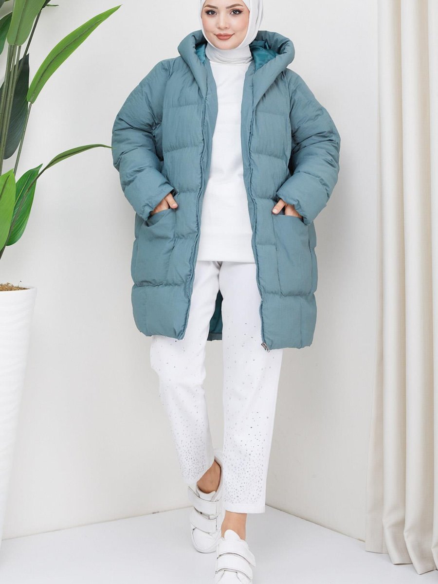 Hafsamina Kraşlı Oversize Dolgulu Mont Mint