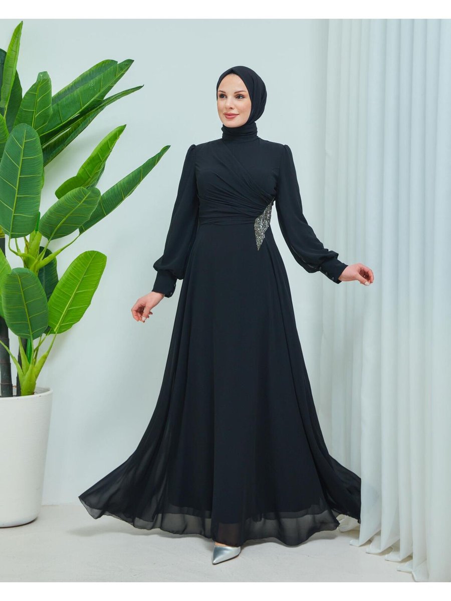 Moda Echer Şifon Kumaş Belinde Taş Detaylı Abiye Elbise