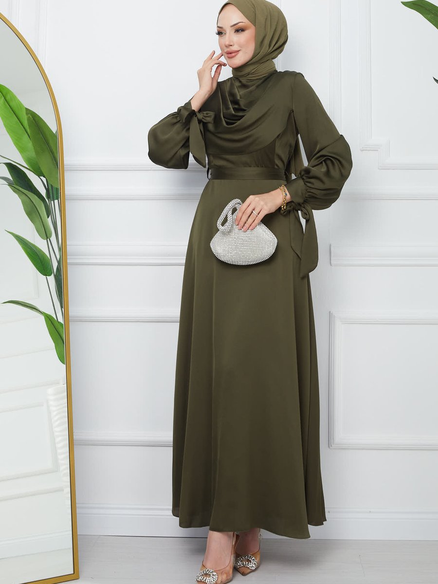 İmajbutik Haki Yaka Detaylı Kol Bağlamalı Saten Abiye Elbise