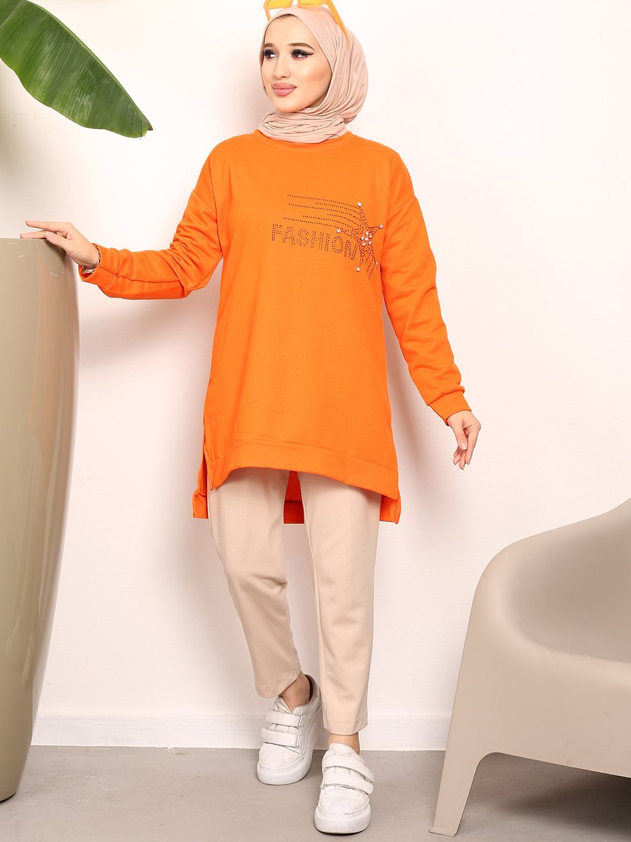 İmajbutik Orange Taşlı İki İplik Sweatshirt