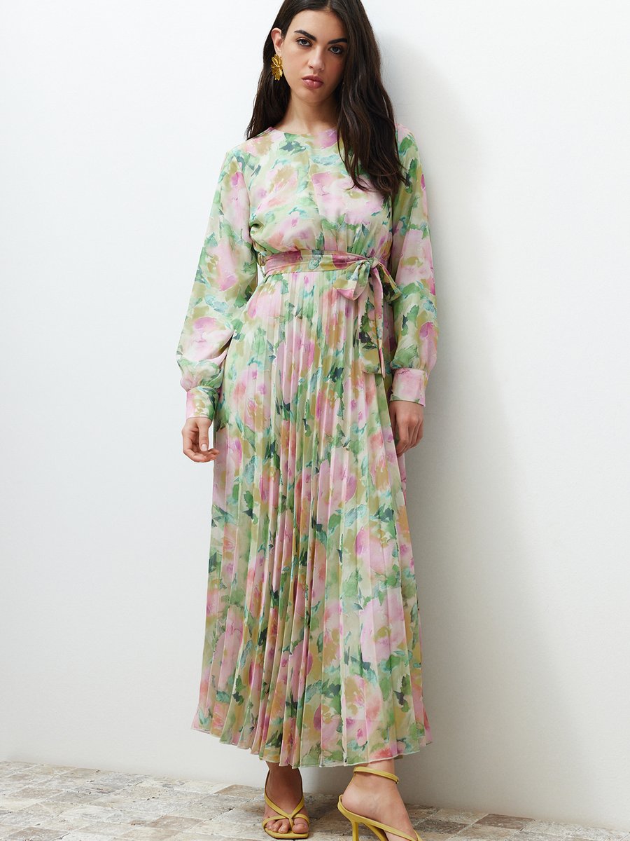 Trendyol Modest Yeşil Astarlı Çiçekli Dokuma