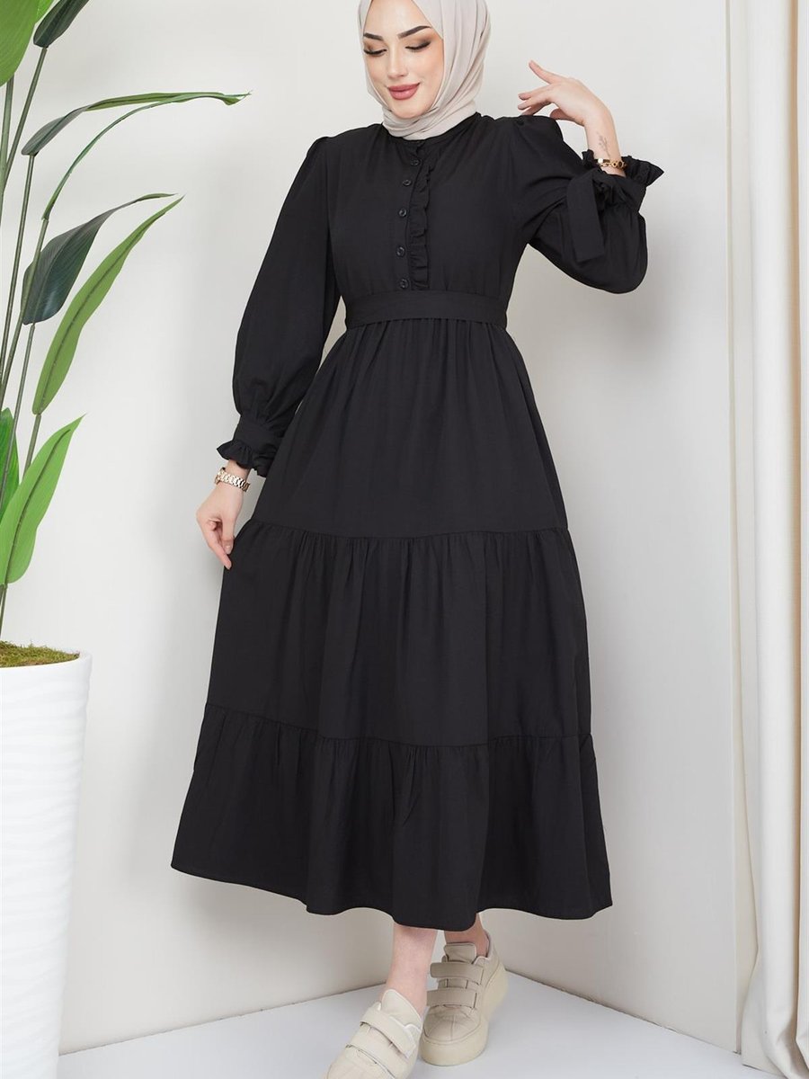 Hafsamina Önü Fırfırlı Kolu Bağlamalı Elbise Siyah