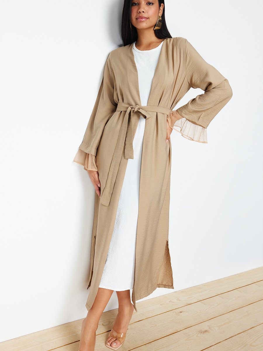 Trendyol Modest Vizon Kuşaklı Tül Detaylı Dokuma Kap & Ferace